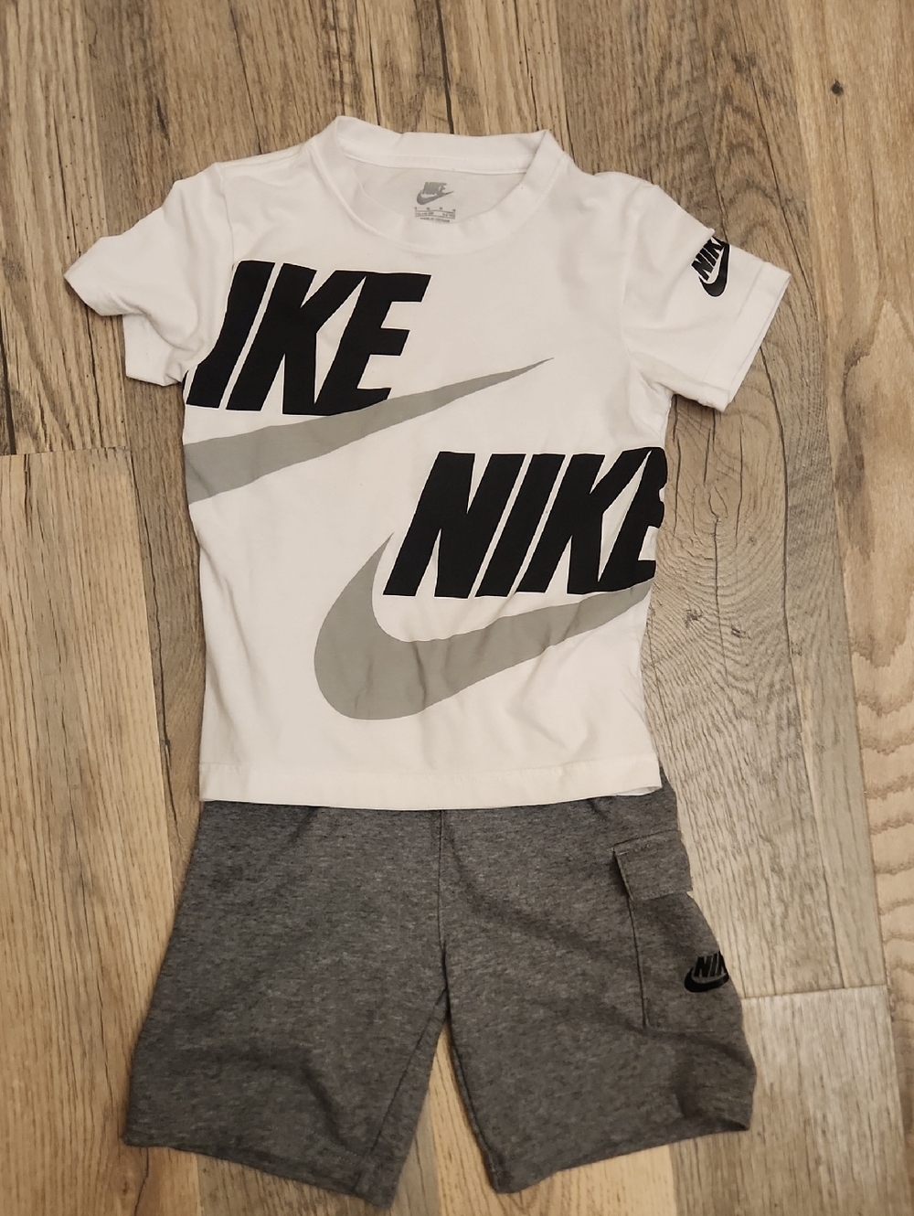 Nike White Tee with Black & Gray Logo and Heather Gray Shorts
